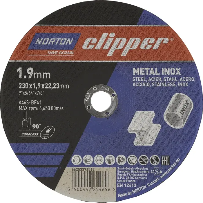 Produktfoto 1 von Trennscheibe D230x1,9mm Typ 41 Metall-Inox Bohr.22,23mm NORTON CLIPPER