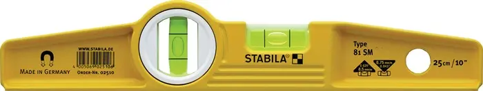 Produktfoto 1 von Torpedowasserwaage 81 SM 25cm Alu.gelb ± 0,5 mm/m o.Gürteltasche STABILA