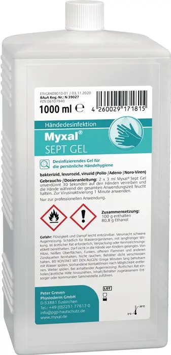 Produktfoto 1 von Handdesinfektionsgel MYXAL® SEPT GEL 1l parfüm-/farbstofffrei 1000ml Hartflasche