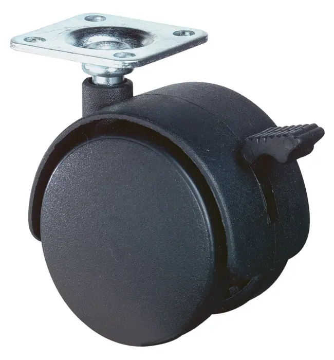 Produktfoto 1 von Kunststoffdoppelrolle m.Festst.D.40mm Trgf.30kg m.Platte harte Lauffläche