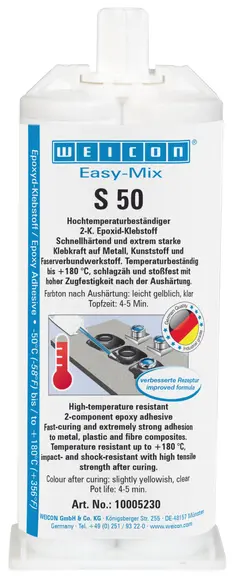 Produktfoto 1 von WEICON Easy-Mix S 50 | Hochtemperaturbeständiger Epoxidharz-Klebstoff für schnelle Reparatur- und Wartungsarbeiten | 50 ml | transparent, hellgelb