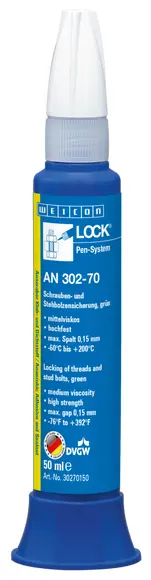 Produktfoto 1 von WEICONLOCK® AN 302-70 Schrauben- und Stehbolzensicherung | hochfest, mittelviskos, mit Trinkwasserzulassung | 50 ml | grün