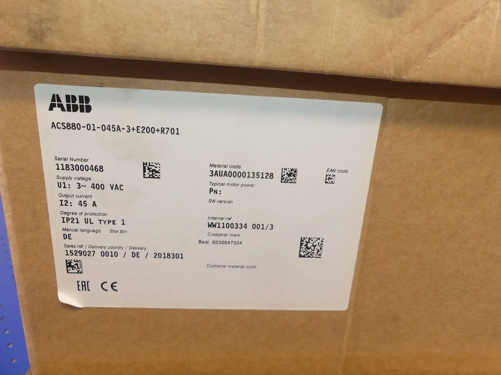 Produktfoto 1 von ABB ACS880-01-045A-3+E200+R701 NEU