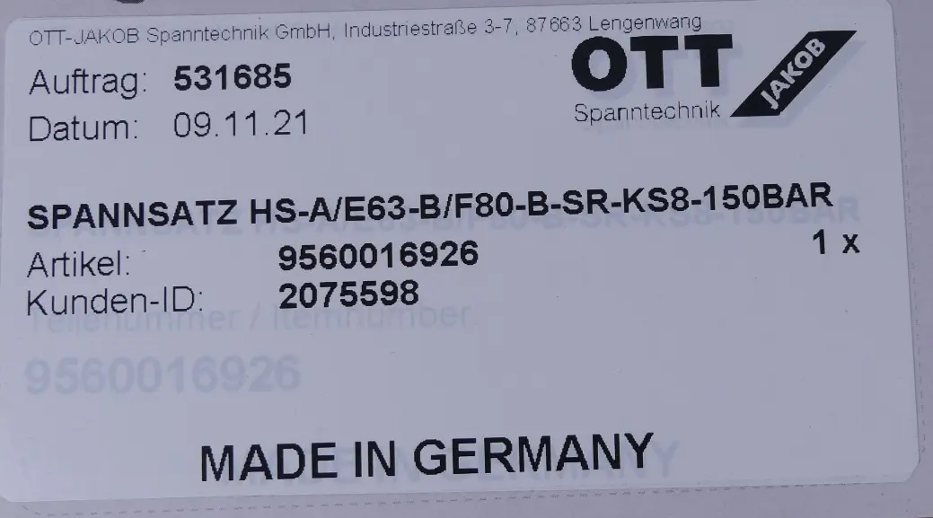 Produktfoto 1 von OTT Jakob HS-A/E63-B/F80-B-SR-KS8-150BAR Spannsatz 9560016926