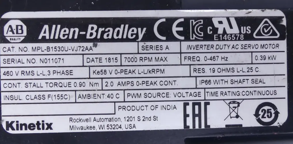 Produktfoto 1 von Allen-Bradley MPL-B1530U-VJ72AA Servo Motor