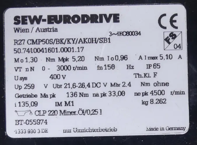 Produktfoto 1 von SEW Eurodrive R27 CMP50S/BK/KY/AK0H/SB1 Servomotor