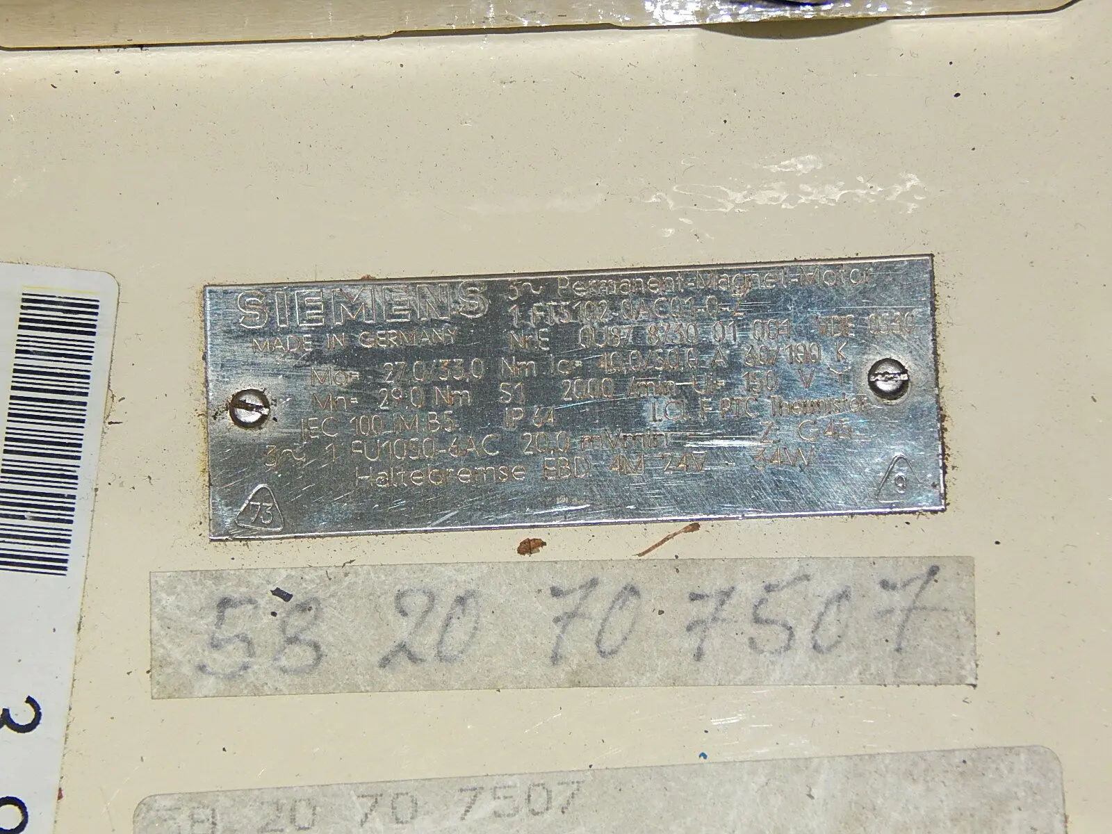 Produktfoto 1 von SIEMENS 3~Permanent-Magnet-Motor 1FT5102-0AC01-0-Z Used