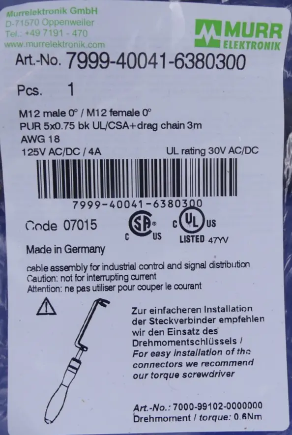 Produktfoto 1 von Murr Elektronik 7999-40041-6380300 Kabel 3m/M12