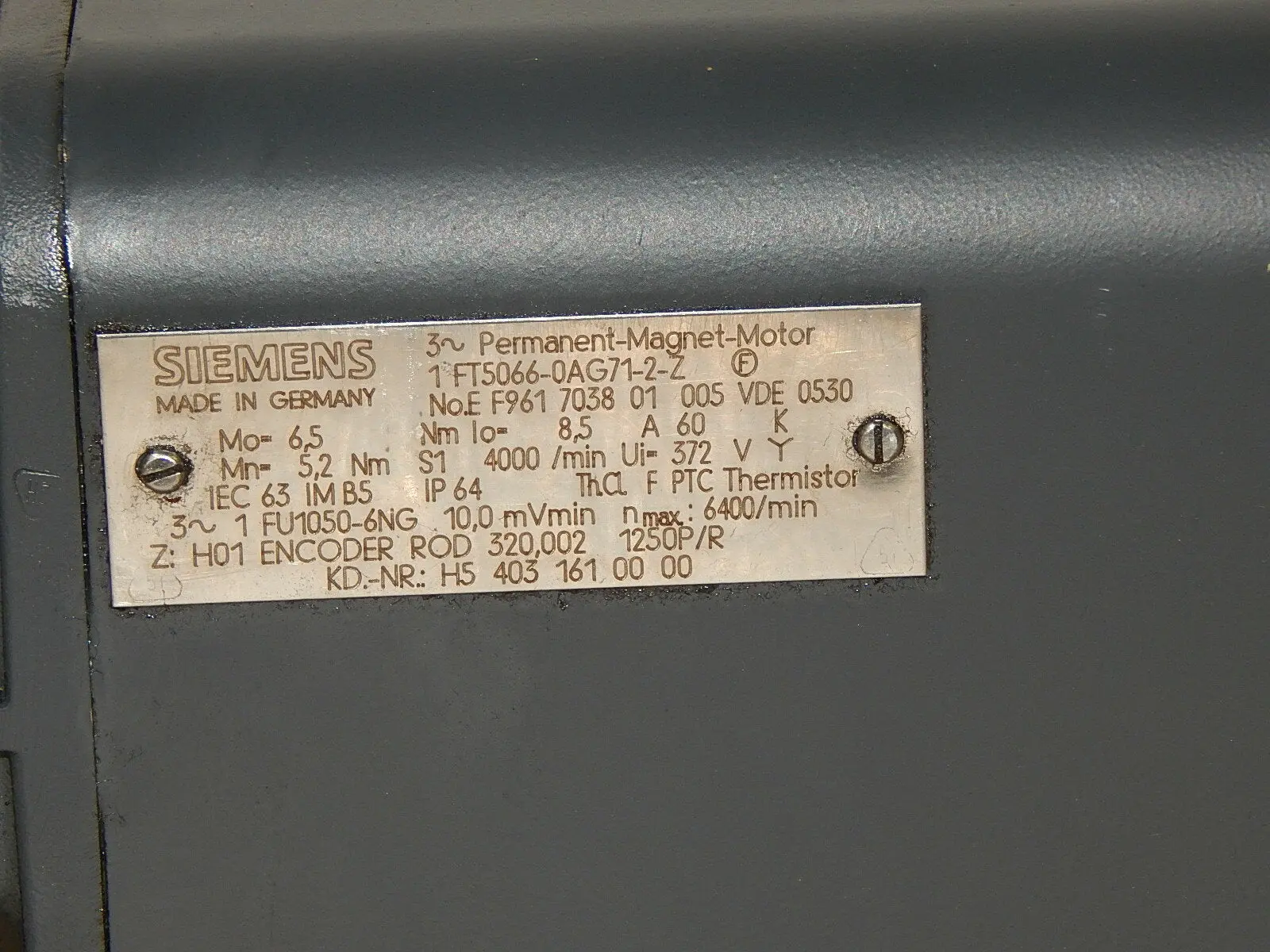 Produktfoto 1 von Siemens 3~Permanent Magnet Motor  1FT5066-0AG71-2-Z used
