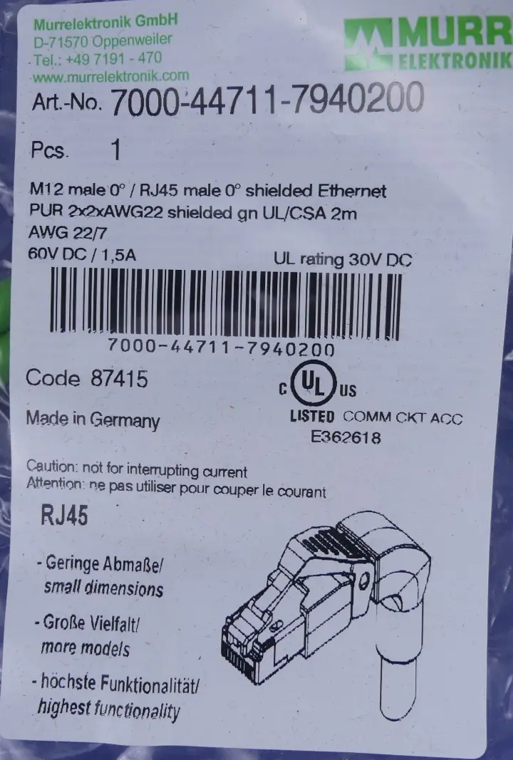 Produktfoto 1 von MURR ELEKTRONIK Ethernetkabel 3m | M12 | RJ45 7000-44711-7960200