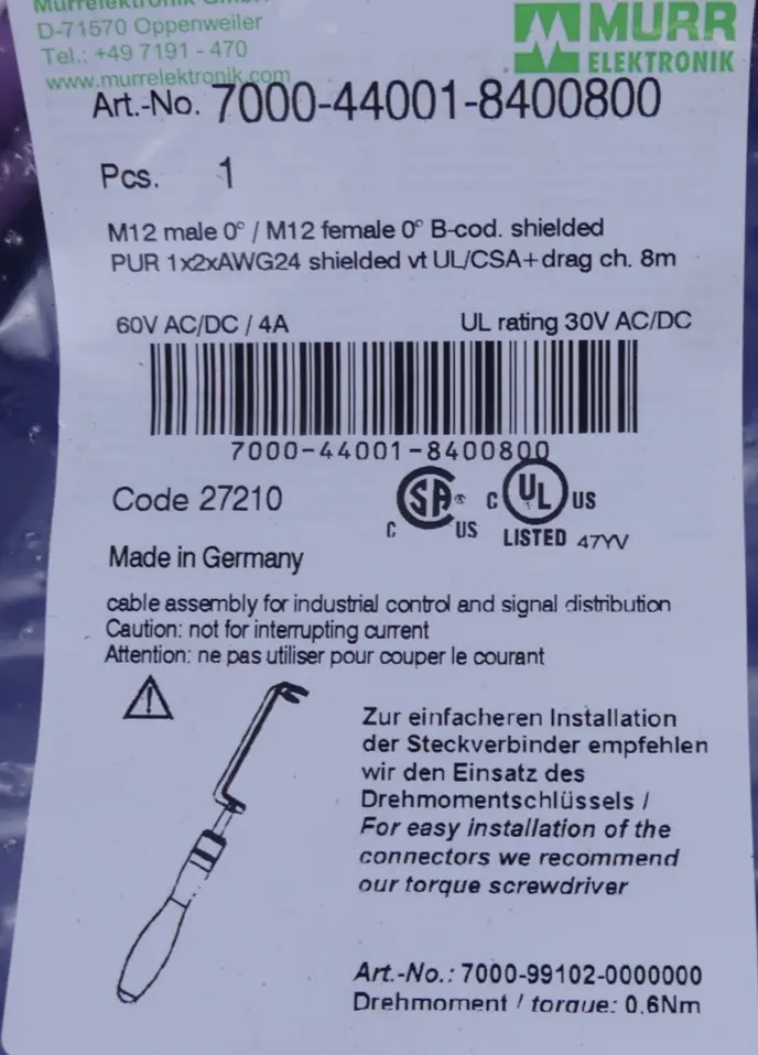 Produktfoto 1 von Murr Elektronik Buskabel 8m/M12 7000-44001-8400800