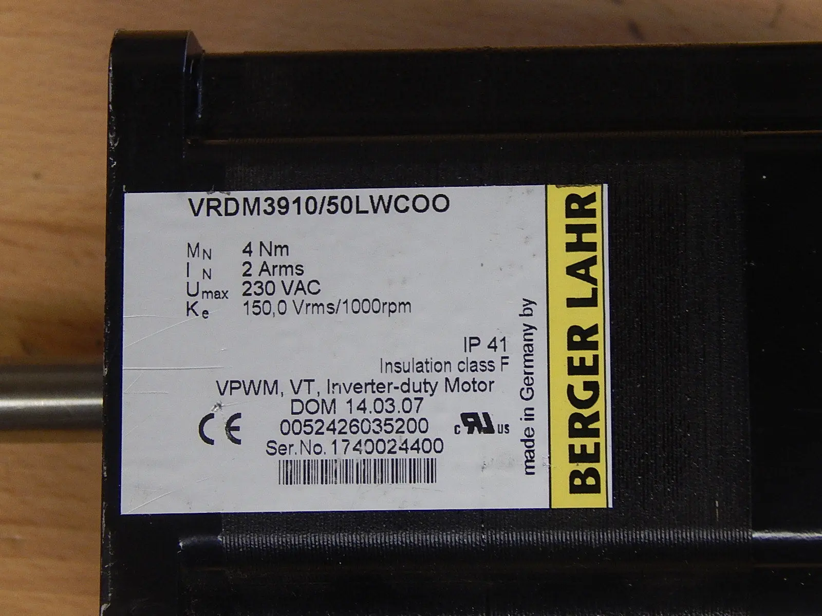 Produktfoto 1 von BERGER LAHR SERVO MOTOR VRDM3910/50LWCOO 1000RPM  USED