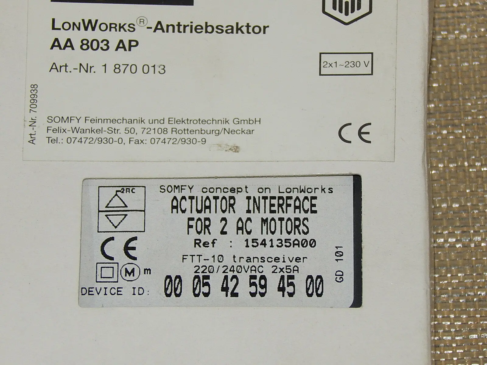 somfy LonWorks Antriebsaktor AA 803 AP // FTT-10 transceiver New