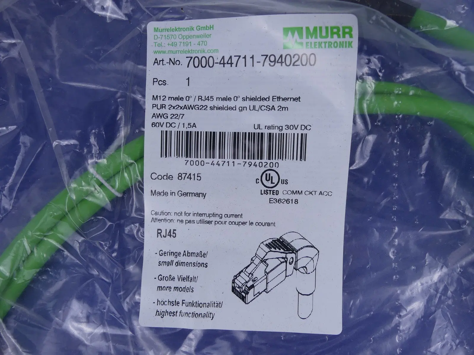 Produktfoto 1 von MURR ELEKTRONIK Ethernetkabel 3m | M12 | RJ45 7002-44711-7960300