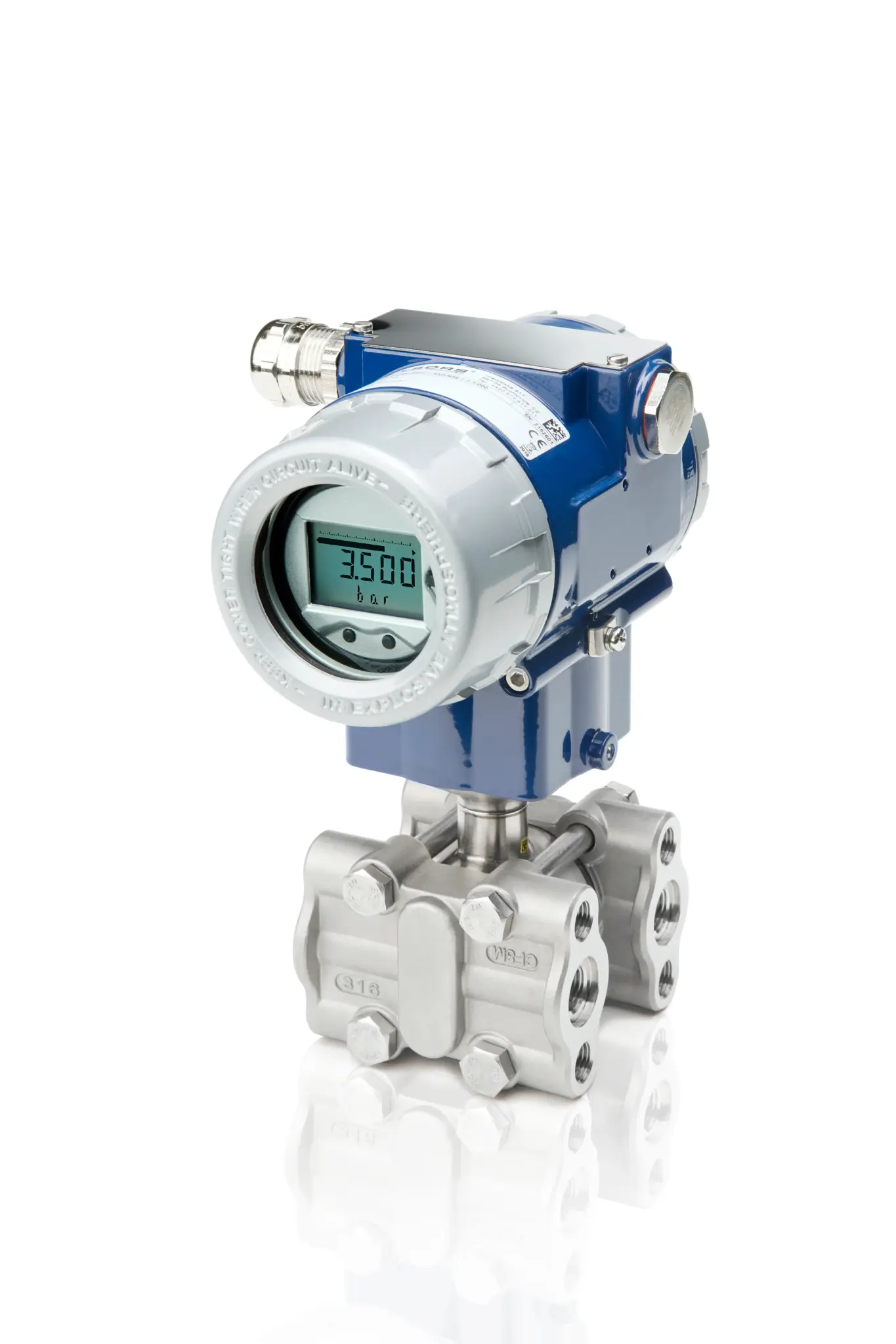 Produktfoto 1 von Differential pressure sensor XMD, 0...2.5 bar, 4-20 mA HART Ex ia, 1/4“ NPT internal thread, with display, Screw 7/16” UNF
