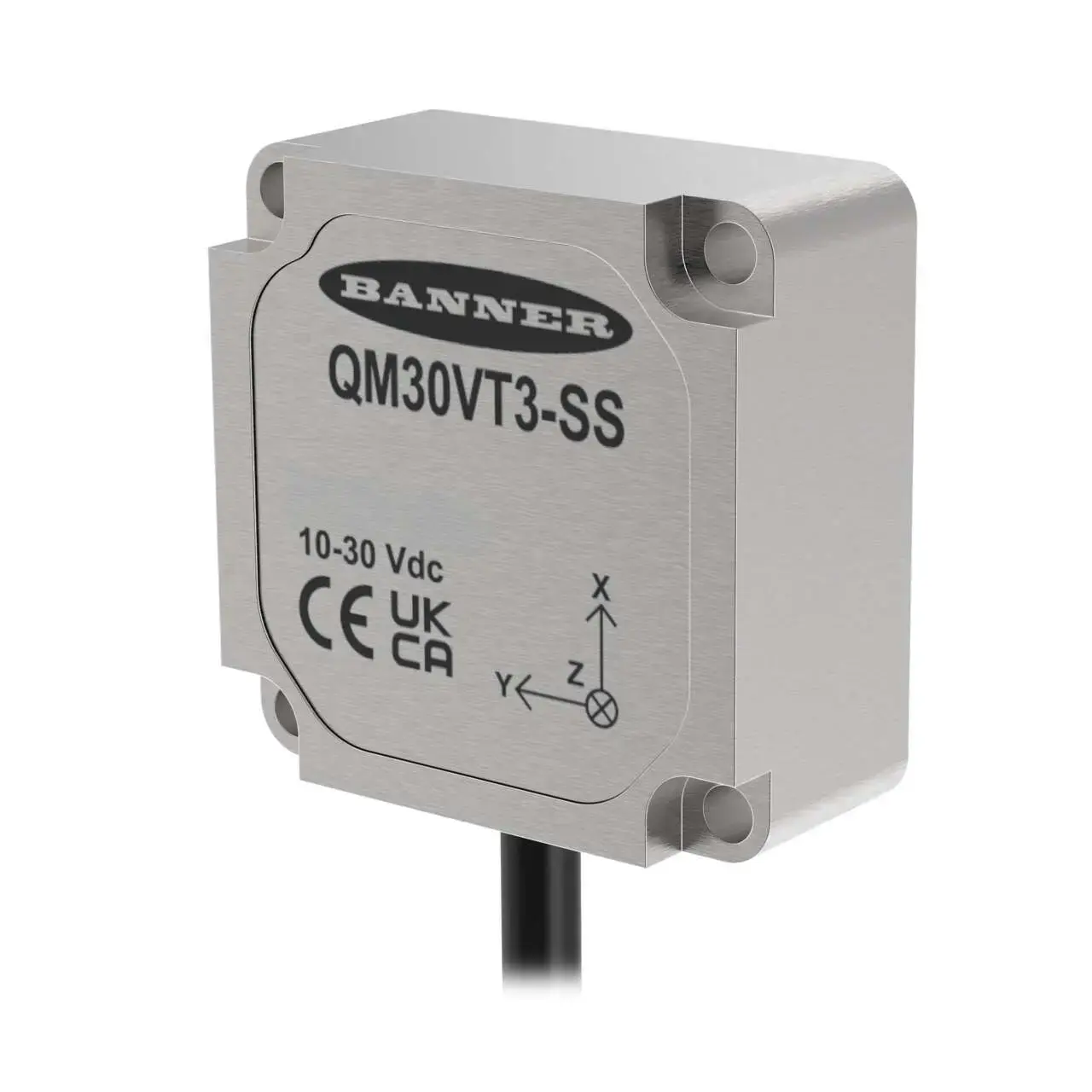 Produktfoto 1 von Vibration and Temperature Sensor. QM30VT3-SS-MQP: 3 Axis; Modbus RTU Server via RS-485. 150 mm (6 in) M12 QD. Stainless Steel Housing