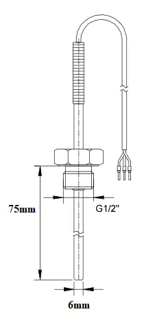 Produktfoto 1 von Temperature sensor PT100, 6x75mm, -50..200C, G1/2, 3 m cab.