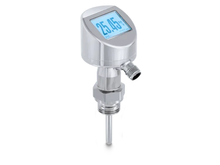 Produktfoto 1 von Temperature sensor PT55, Pt100 1/1 B EN 60751, -50...125°C, IO-Link Dual Channel and 4…20 mA, M12-A, 4-pin, G 1/2 A ISO 228-1, SS., With display, 100 mm sensor tube.