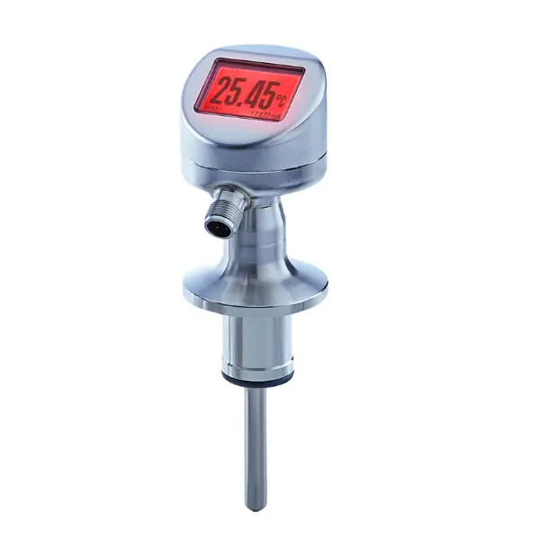 Produktfoto 1 von Temperature sensor PT55H, Pt100 1/1 B EN 60751, -50...125°C, IO-Link Dual Channel and 4…20 mA, M12-A, 4-pin, ISO 2852 Tri-Clamp DN38, SS., With display, 100 mm sensor tube, 3-A / EHEDG approved.