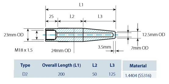 Produktfoto 1 von Thermowell D2, L = 200 mm (25 +50 +125), 1.4404 (SS316), M18 inner thread