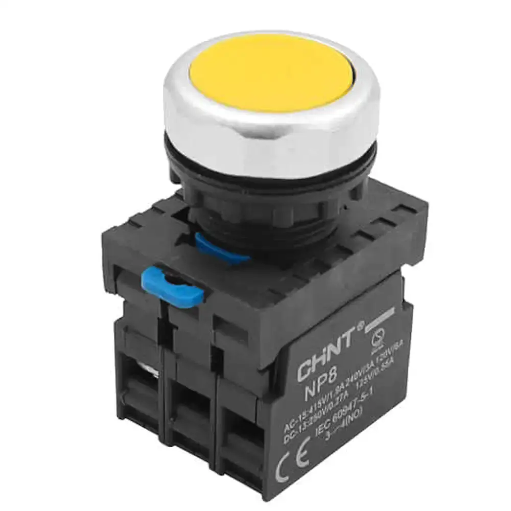 Produktfoto 1 von CHINT NP8 22mm Einbau-Drucktaster, IP65, 2S/1Ö, 3A/240V, Taste flach, gelb