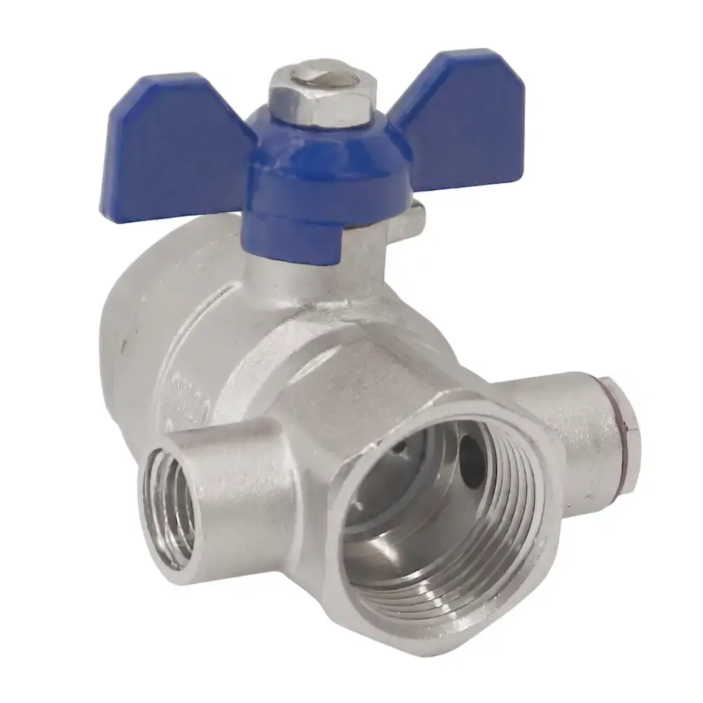 Produktfoto 1 von Edelstahl Kugelhahn DN20 3/4" IG | 2x Wartungsanschlüsse 1/4" IG | PN25 Griff Blau