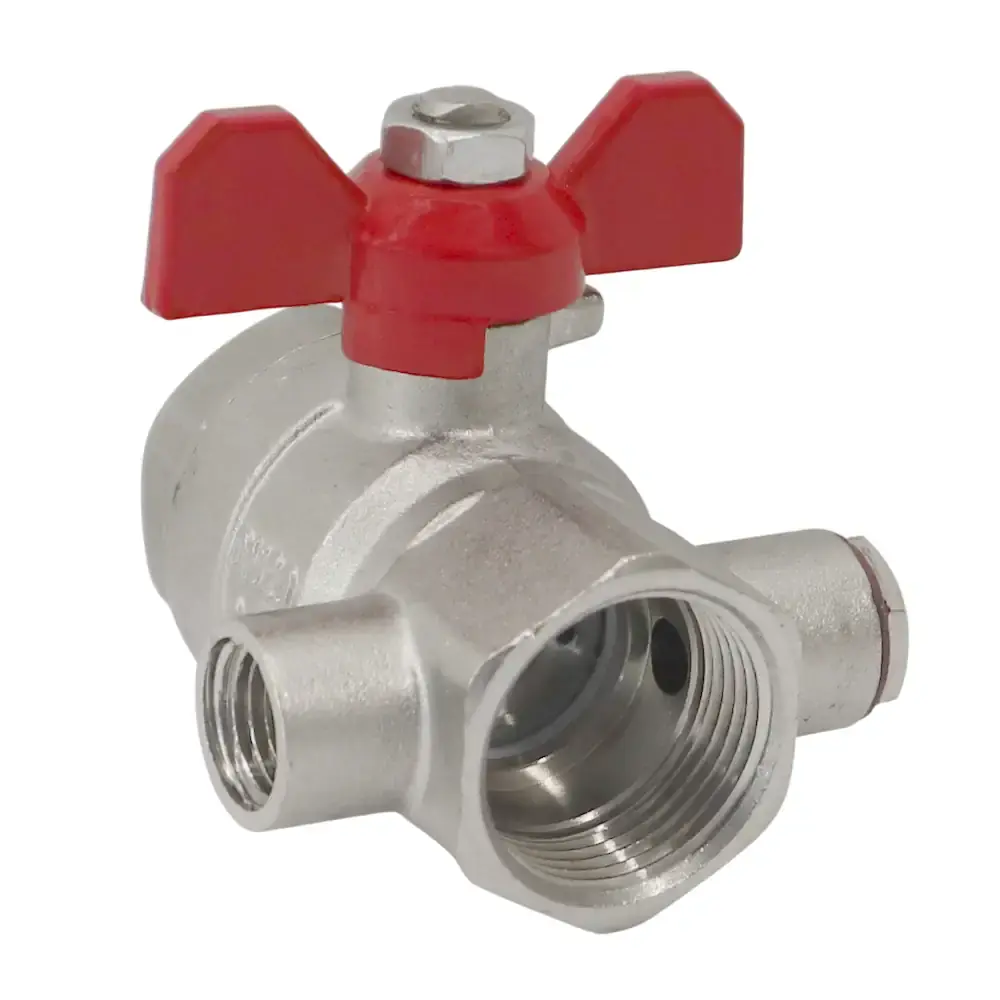 Produktfoto 1 von Edelstahl Kugelhahn DN20 3/4" IG | 2x Wartungsanschlüsse 1/4" IG | PN25 Griff Rot