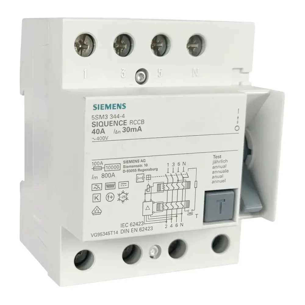 Produktfoto 1 von SIEMENS 5SM3344-4 FI-Schalter, 4-polig, 40A, 30mA, Typ B, allstromsensitiv