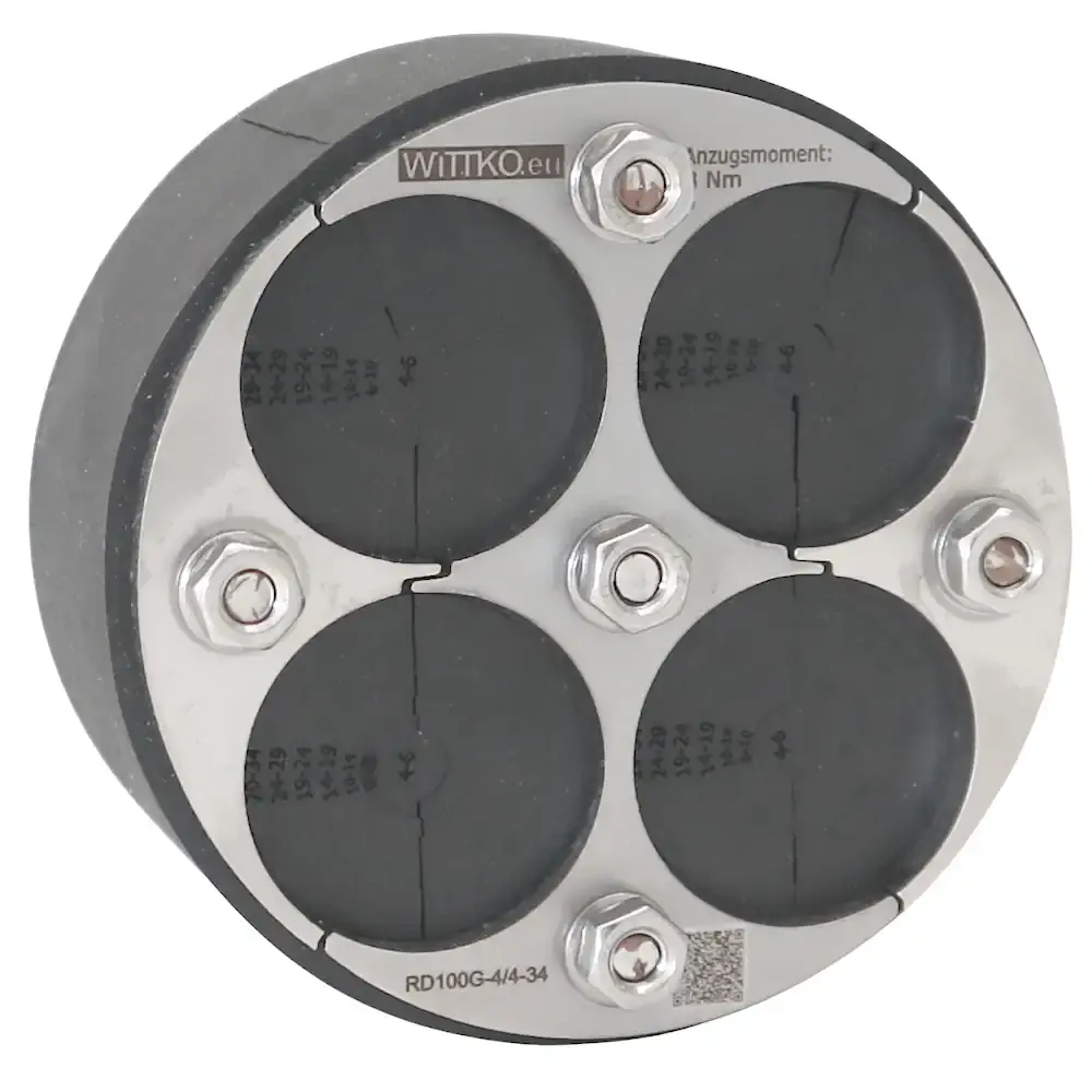 Produktfoto 1 von DN100 (100mm) Mauerdurchführung geteilt, 4-fach (4-34mm), V2A, EPDM