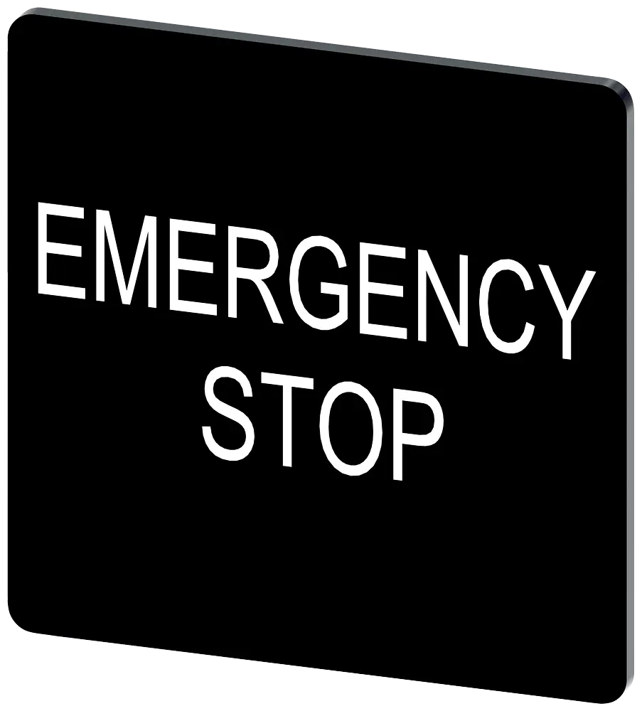 Produktfoto 1 von Bezeichnungsschild 27x27mm, Schild schwarz, Beschriftung: Emergency Stop