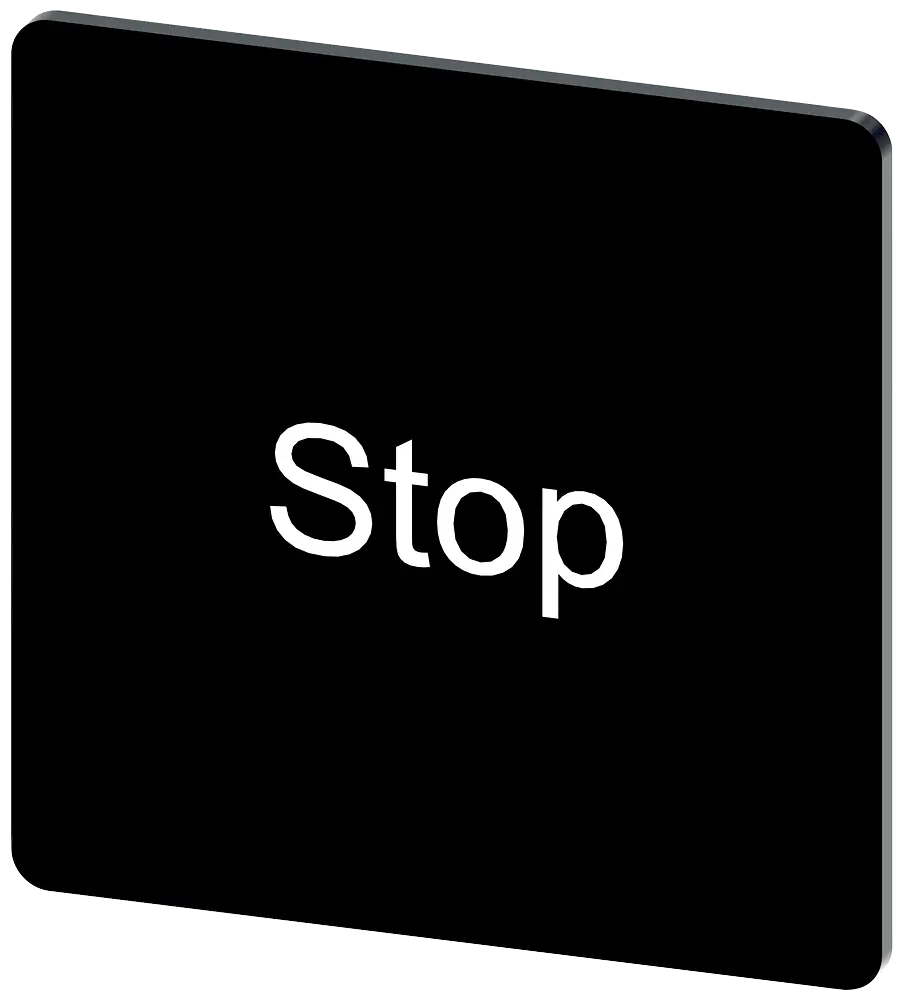 Produktfoto 1 von Bezeichnungsschild 27x27mm, Schild schwarz, Beschriftung: Stop
