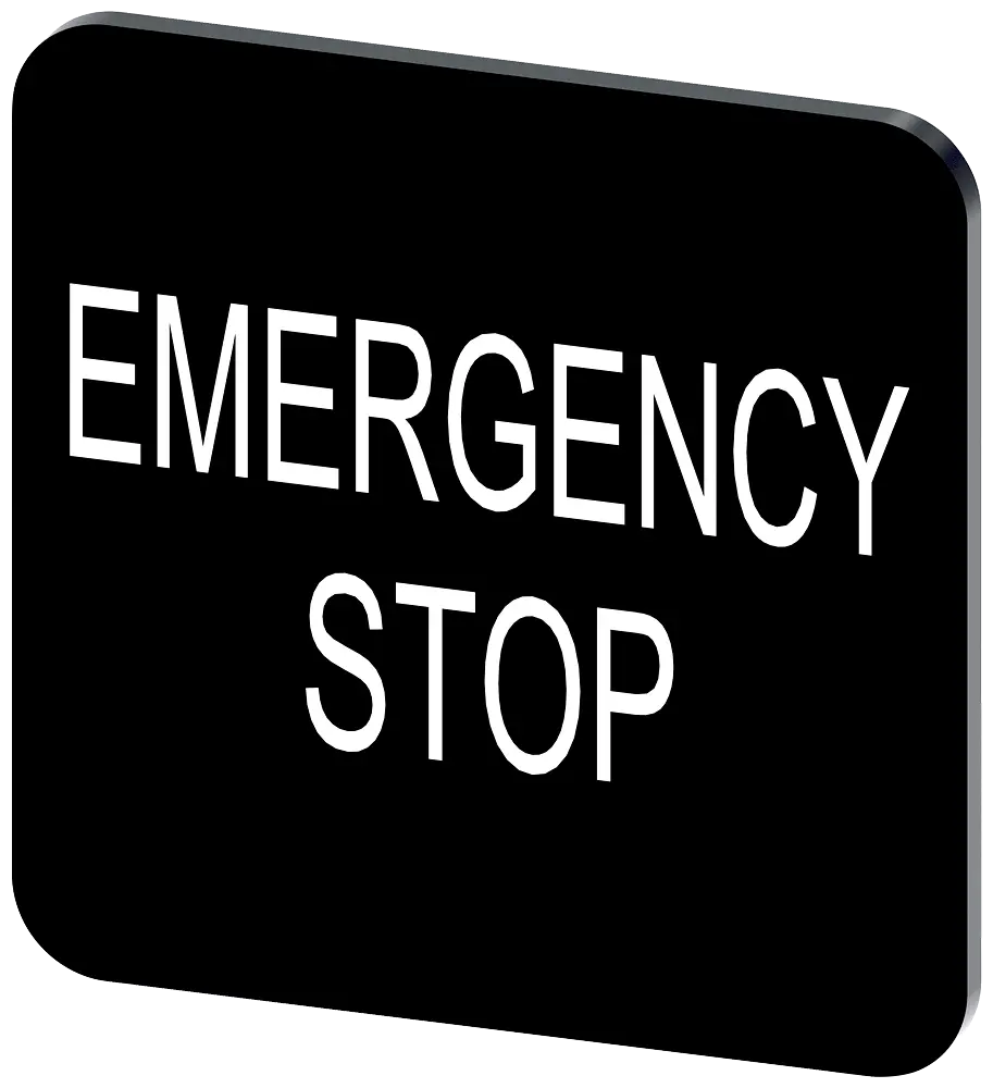 Produktfoto 1 von Bezeichnungsschild 22x22mm, Schild schwarz, Beschriftung: Emergency Stop