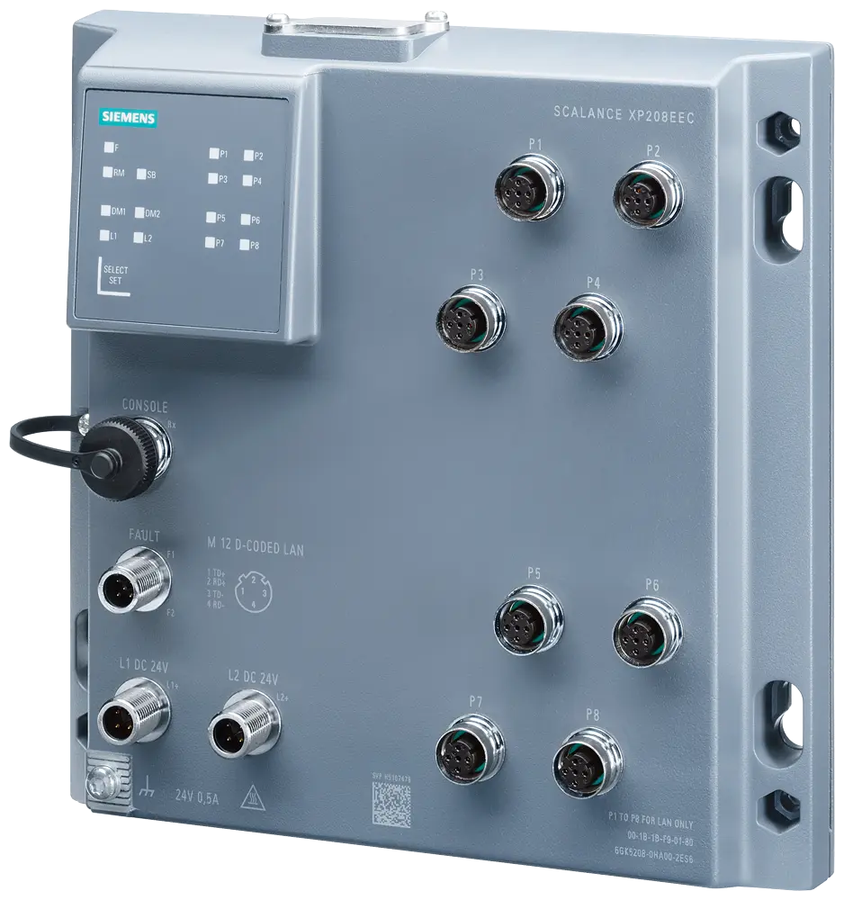 Produktfoto 1 von SCALANCE XP208EEC, managed Layer 2 Switch, 8x M12, IP65/67, Conformal Coating